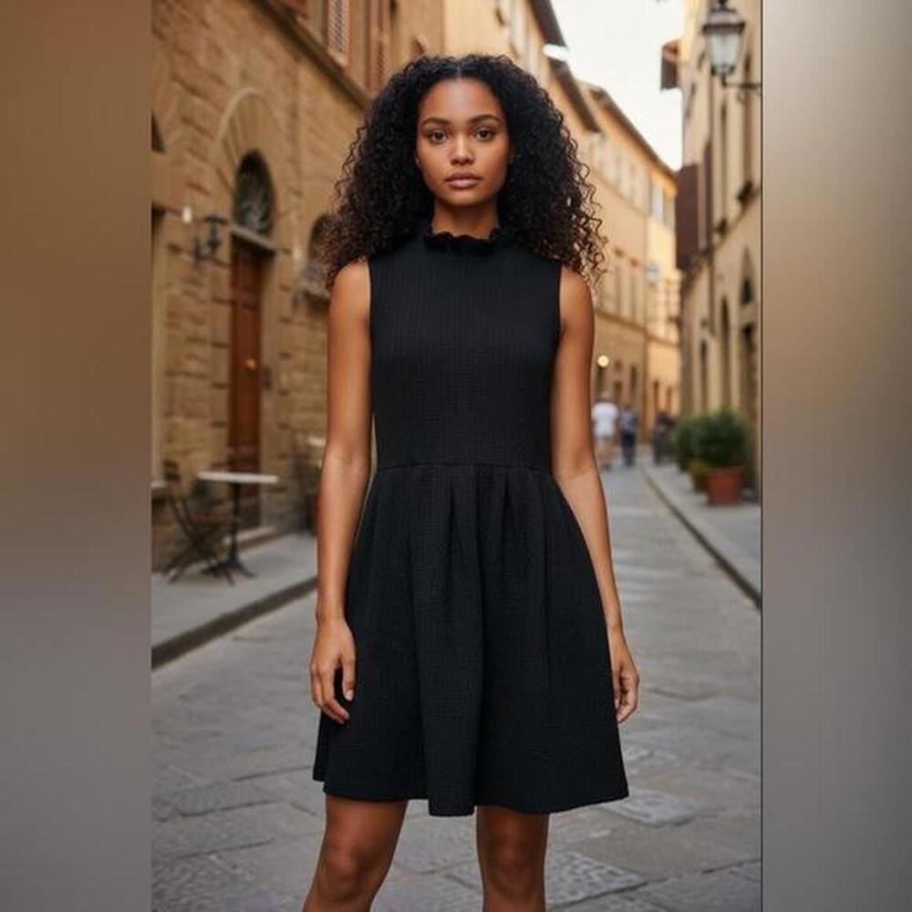 GANNI Anthropologie Black Ruffle Mock Neck A-Line Textured Dress size XL NWT